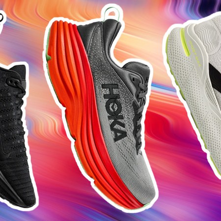 a collage of cushioned running shoes from men from Hoka, Nike and On an blue colored background