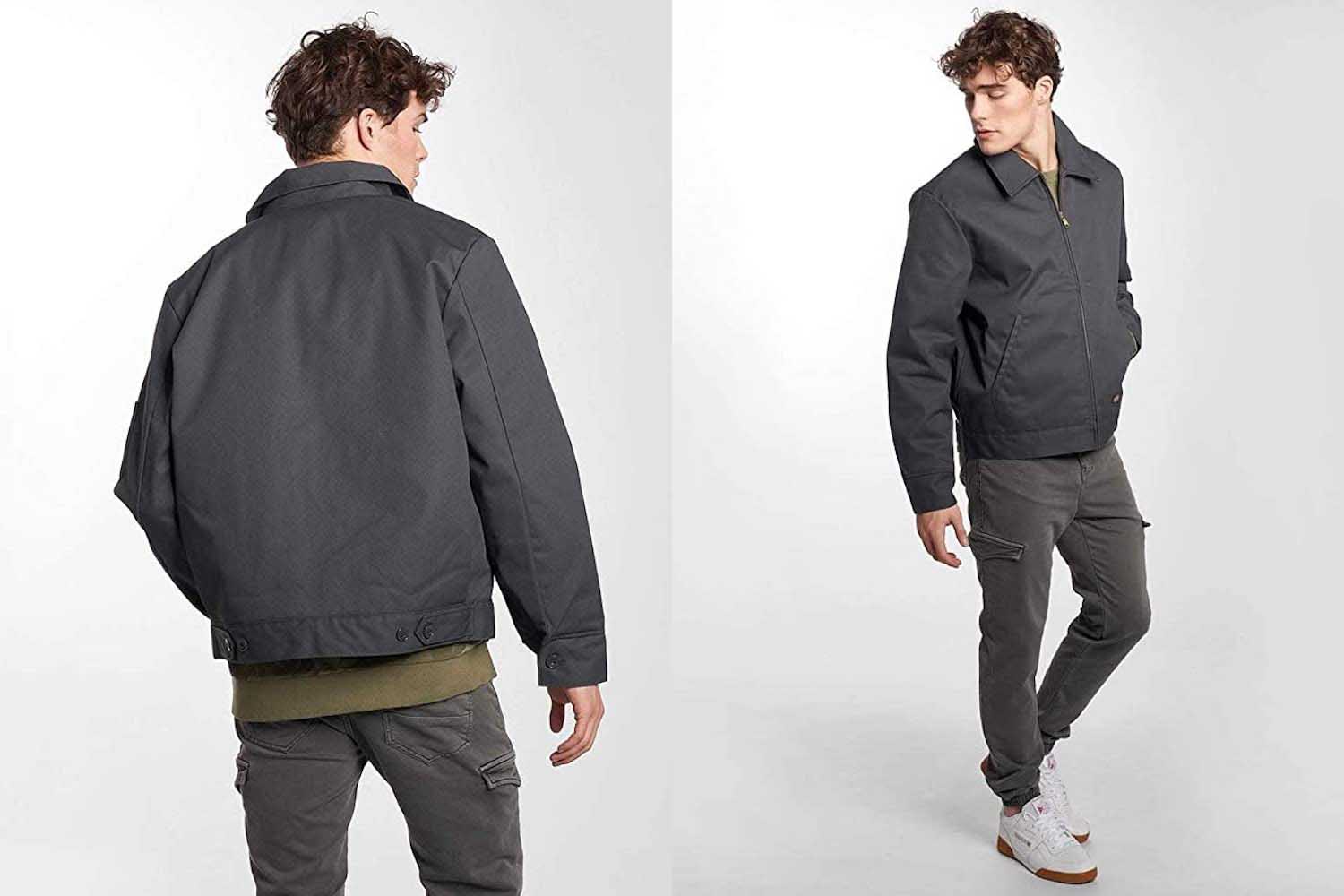 a model in a grey zip jacket from Dickies on a grey background