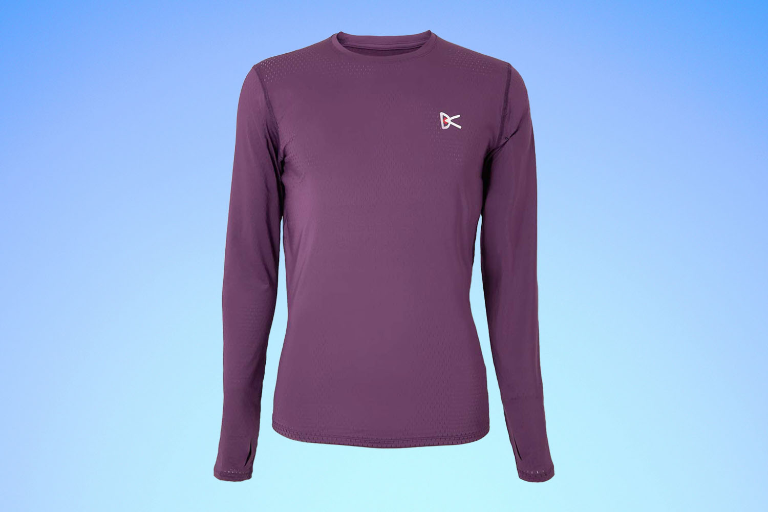 a purple long sleeve shirt from District Vision on a blue gradient background
