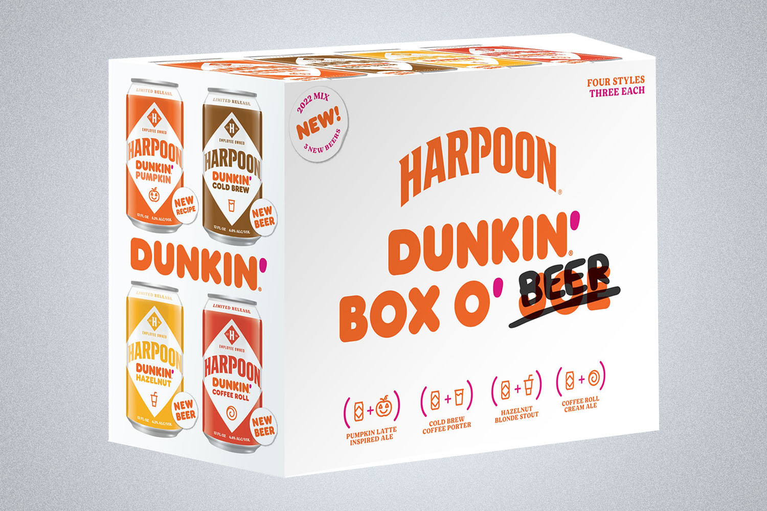 A box of Harpoon x Dunkin' Box O' Beer