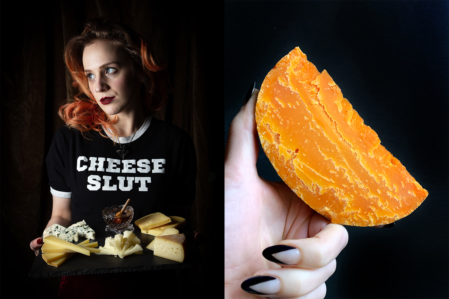 Cheese expert and author Erika Kubick in the left photo, and her holding mimolette cheese in the right photo