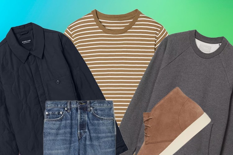 a collage of Everlane Sale items on a gradient colored background