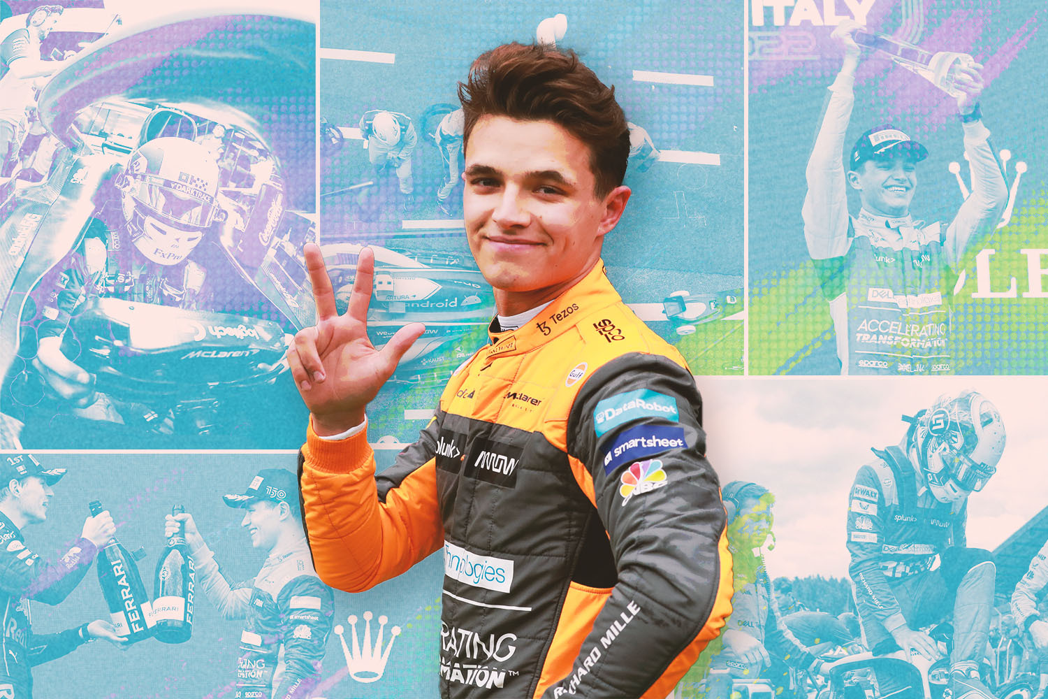 The 22-year-old British-Belgian Formula 1 driver Lando Norris waving in his racing suit in front of photos of the 2022 F1 season