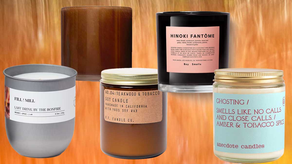 Fill Mill Last Drink By The Bonfire Candle, LAFCO Spiced Pomander, P.F. Candle Co. Teakwood & Tobacco Soy Wax Candle, Boy Smells Hinoki Fantome and  Ghosting by Antidote Candles, a few of the best fall candles for 2022 on an orange background