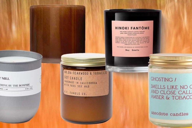 Fill Mill Last Drink By The Bonfire Candle, LAFCO Spiced Pomander, P.F. Candle Co. Teakwood & Tobacco Soy Wax Candle, Boy Smells Hinoki Fantome and  Ghosting by Antidote Candles, a few of the best fall candles for 2022 on an orange background
