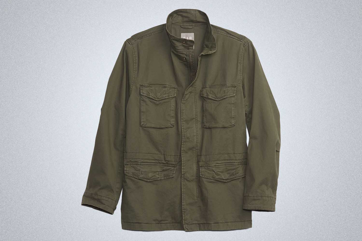 a grey lightweight jacket from Gap on a grey background