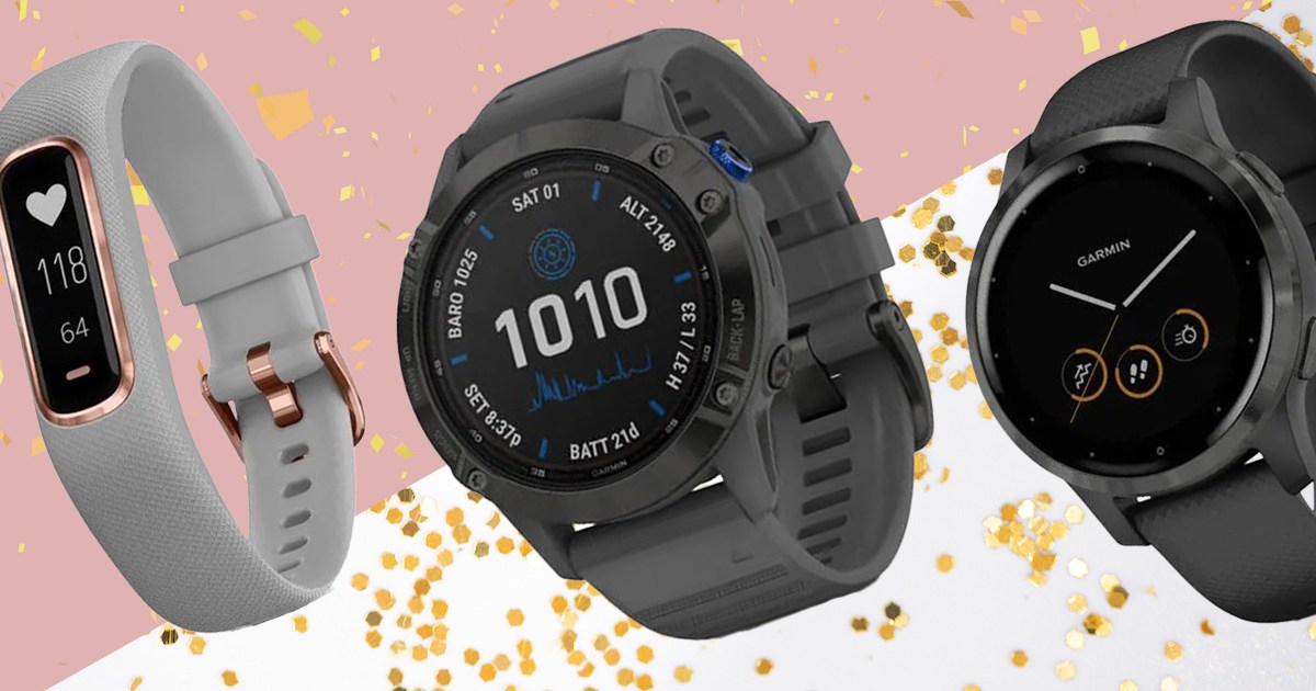 a collage of Garmin smartwatches on a composite confetti image