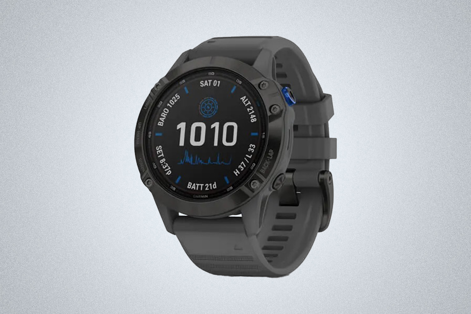 a Garmin smartwatch device on a grey background 