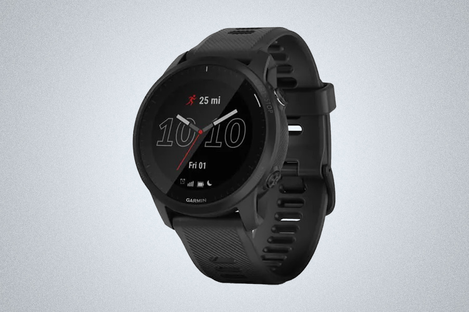 a Garmin smartwatch device on a grey background