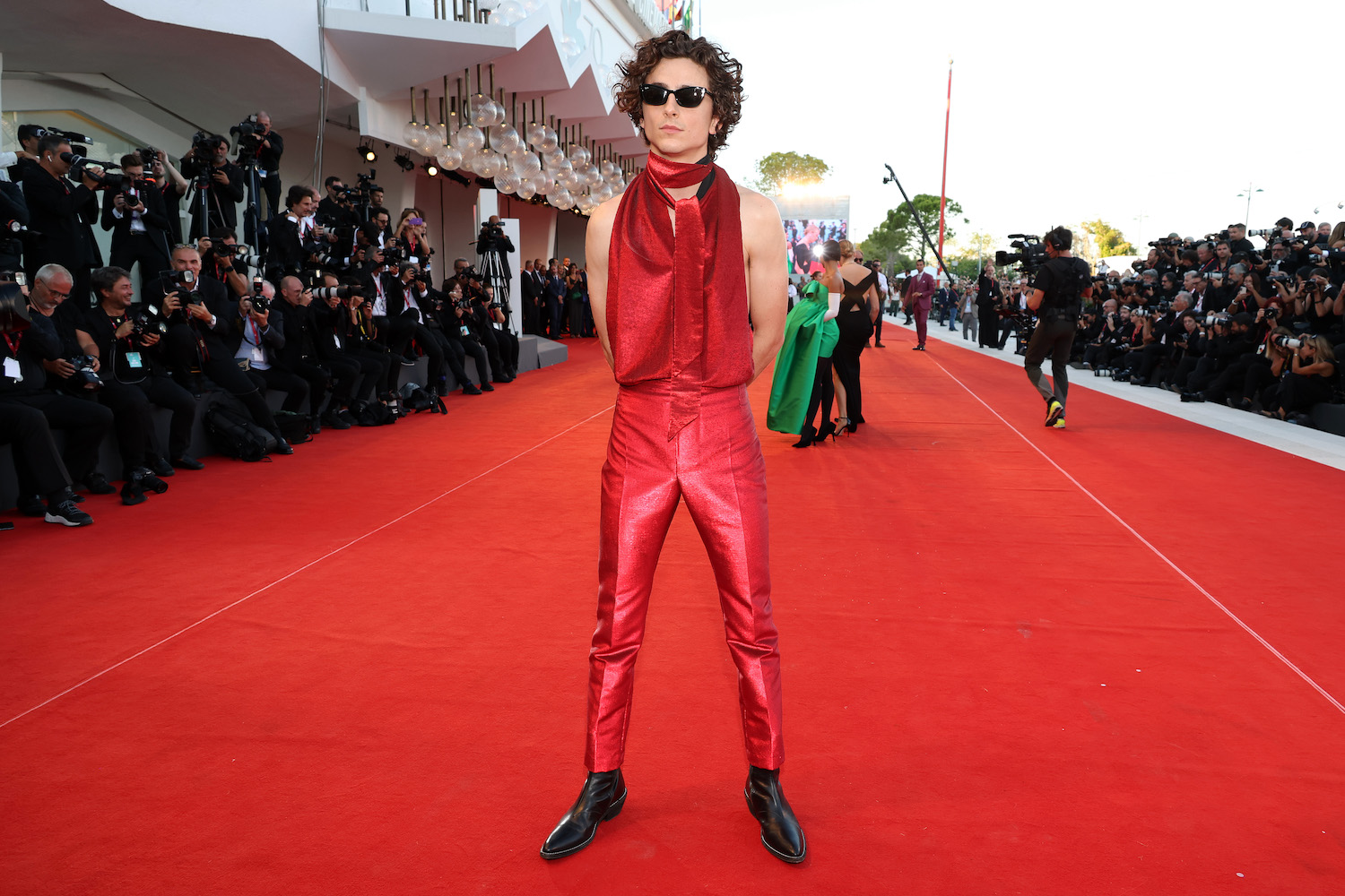 A red carpet photo of actor Timothee Chalamet at the 79th International Venice Film Festival