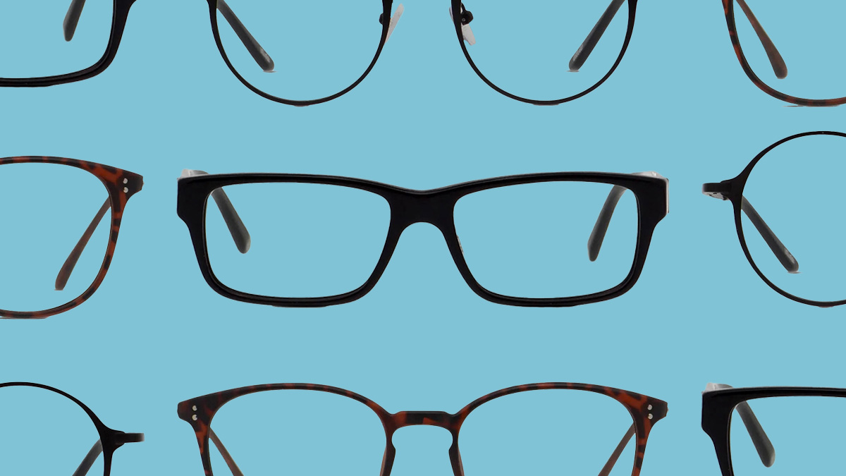 A collage of men's glasses on a light blue background. Here we look at the best glasses for your face shape.