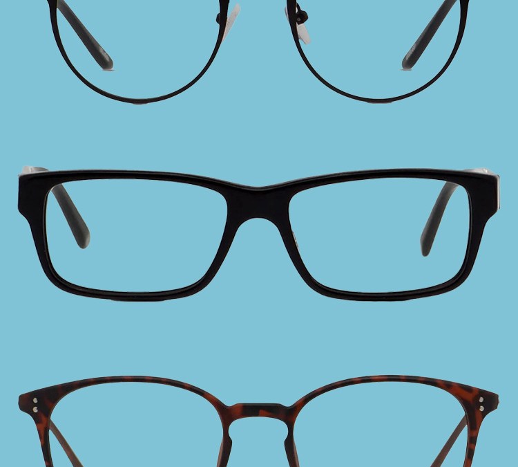 A collage of men's glasses on a light blue background. Here we look at the best glasses for your face shape.