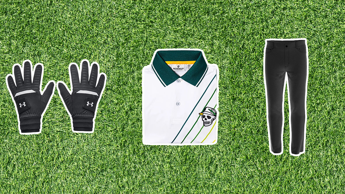 Three golf style and gear items from Under Armour, Devereux and Callaway on a green grass background.