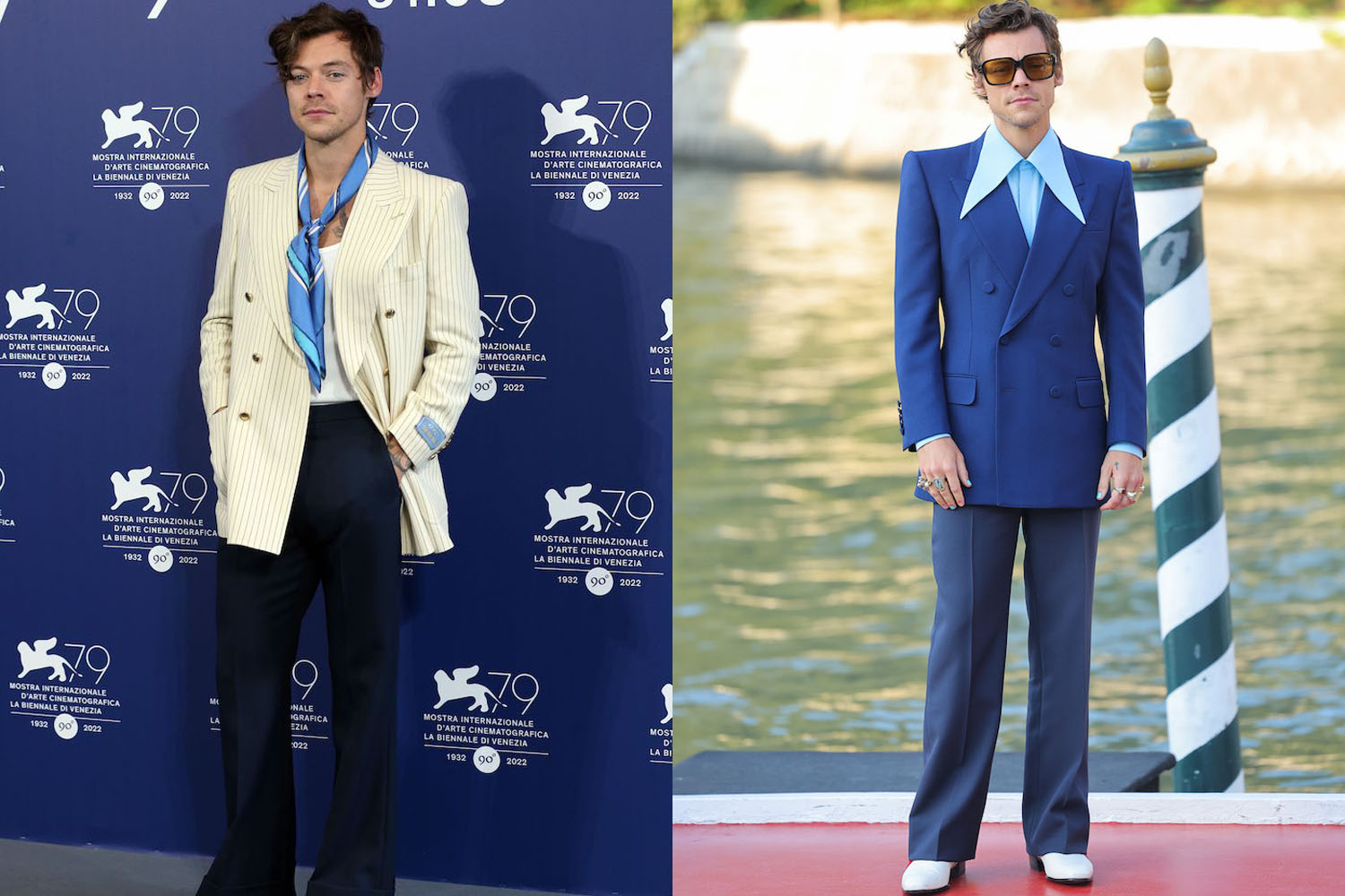 Two red carpet photos of Harry Styles at the 79th International Venice Film Festival