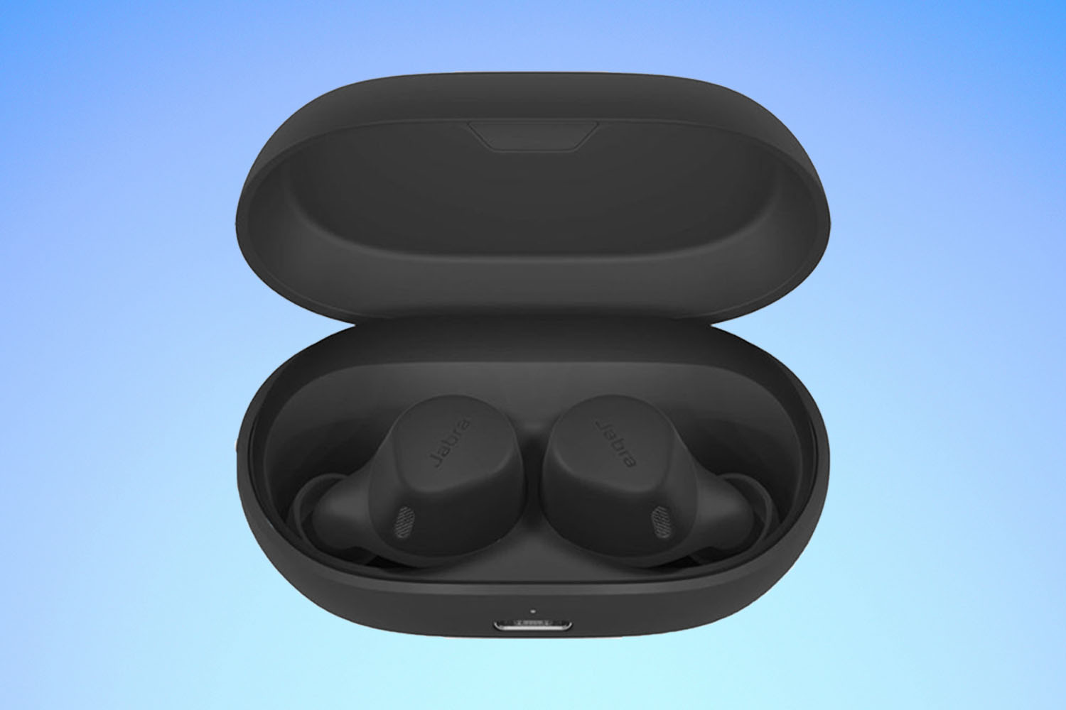 a pair of black headphones in a case from Jabra on a blue gradient background