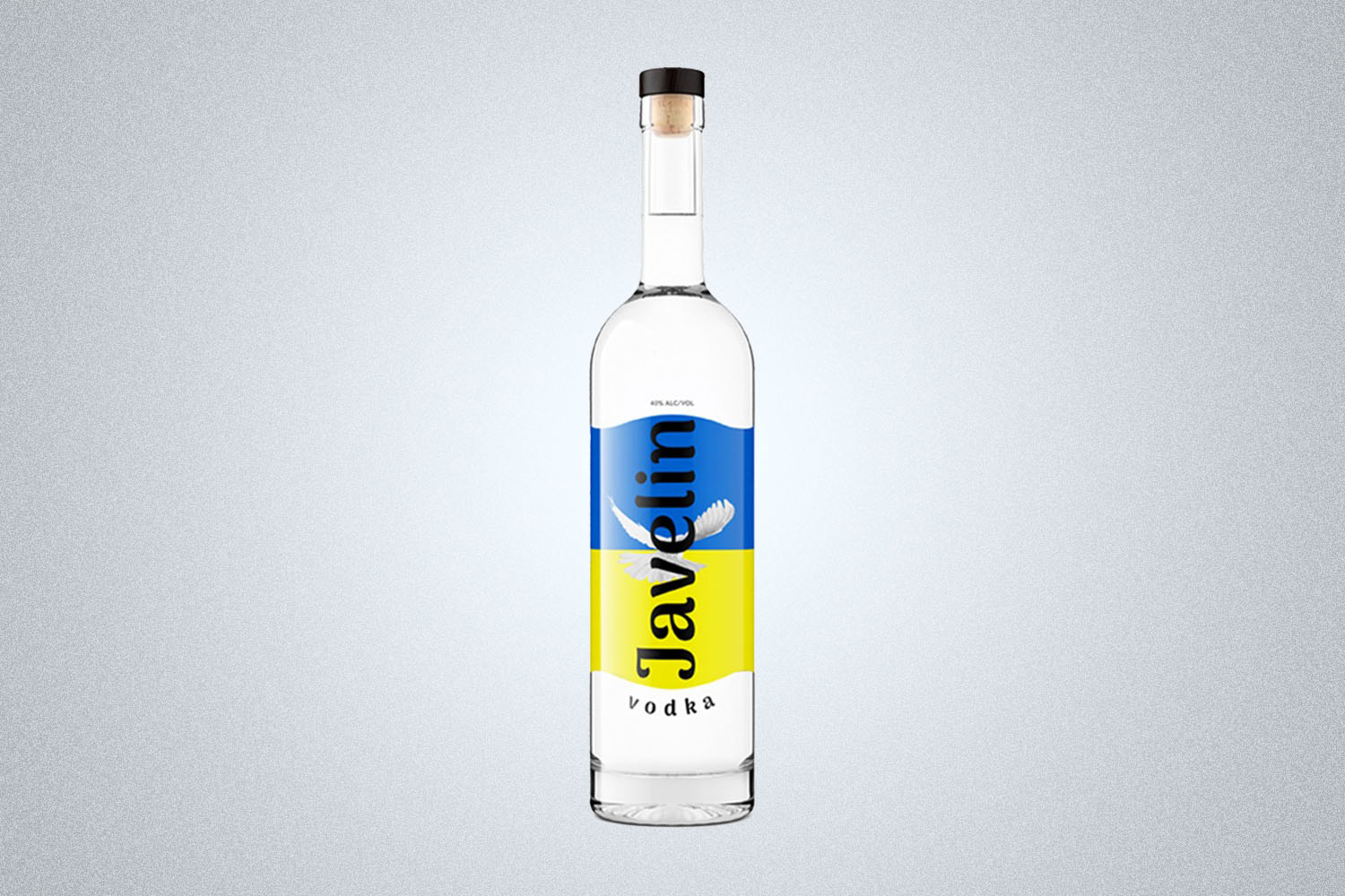 a clear bottle of Javelin Vodka with a blue and yellow label on a grey background