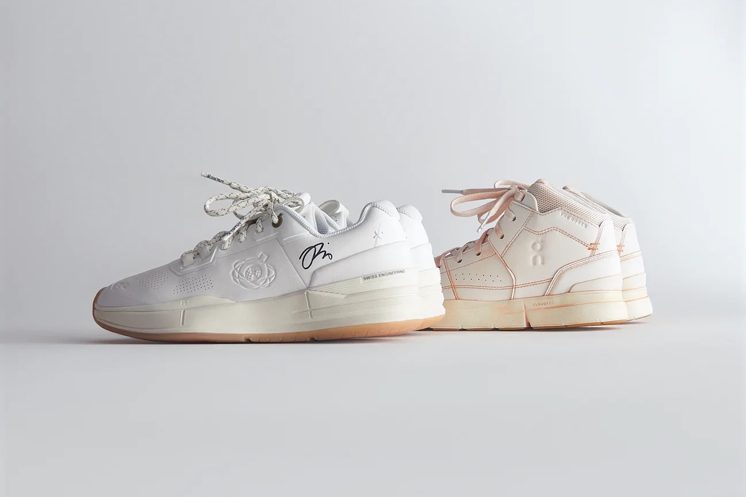 two pairs of shoes from the Kith x On Roger Federer collaboration on a white background