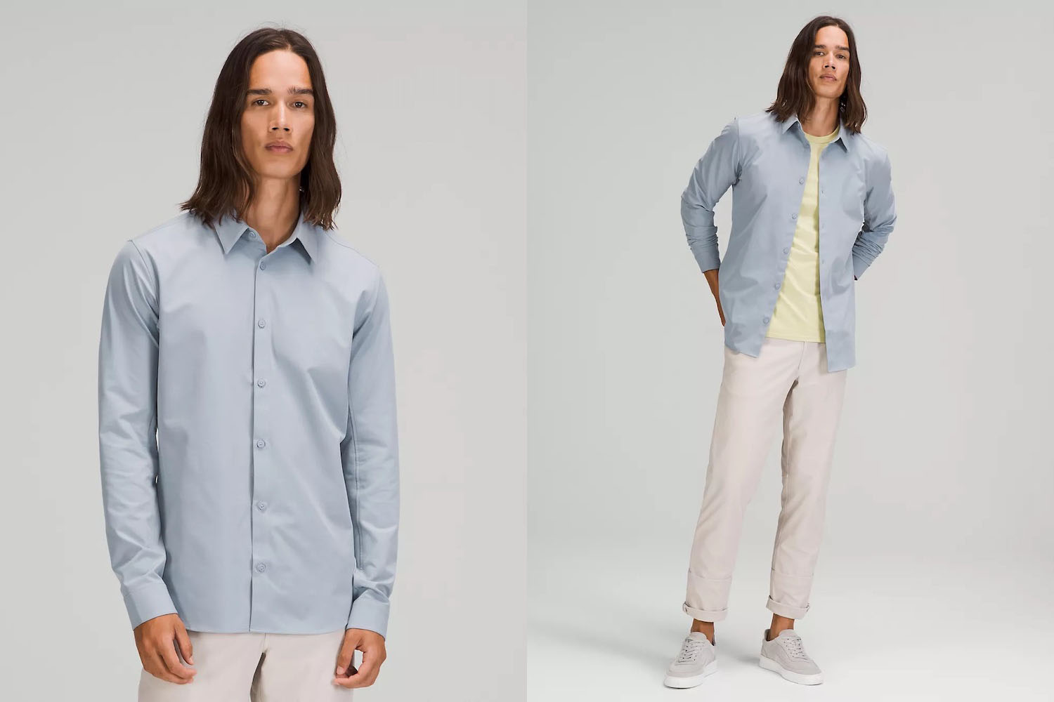 two model shots of a long sleeve button up from the lululemon we've made too much sale on a model on a grey background