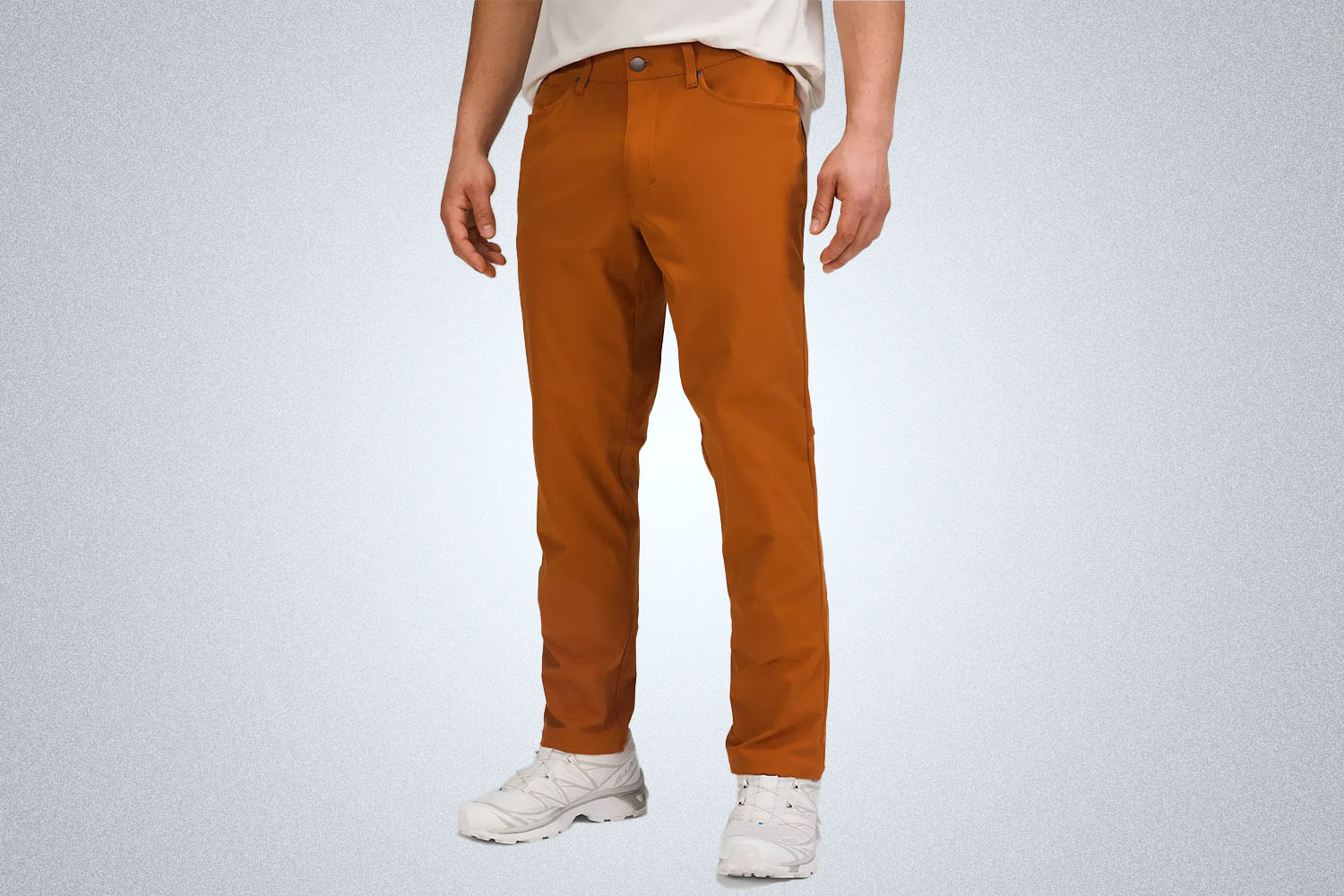 a tan pair of pants from the lululemon we've made too much sale on a model on a grey background