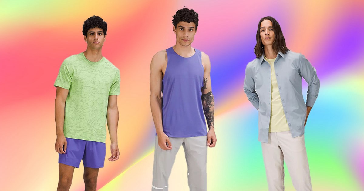 a collage of lululemon models wearing lululemon we've made too much sale items on a florescent rainbow background