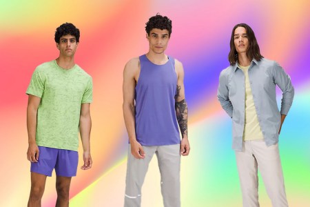 a collage of lululemon models wearing lululemon we've made too much sale items on a florescent rainbow background