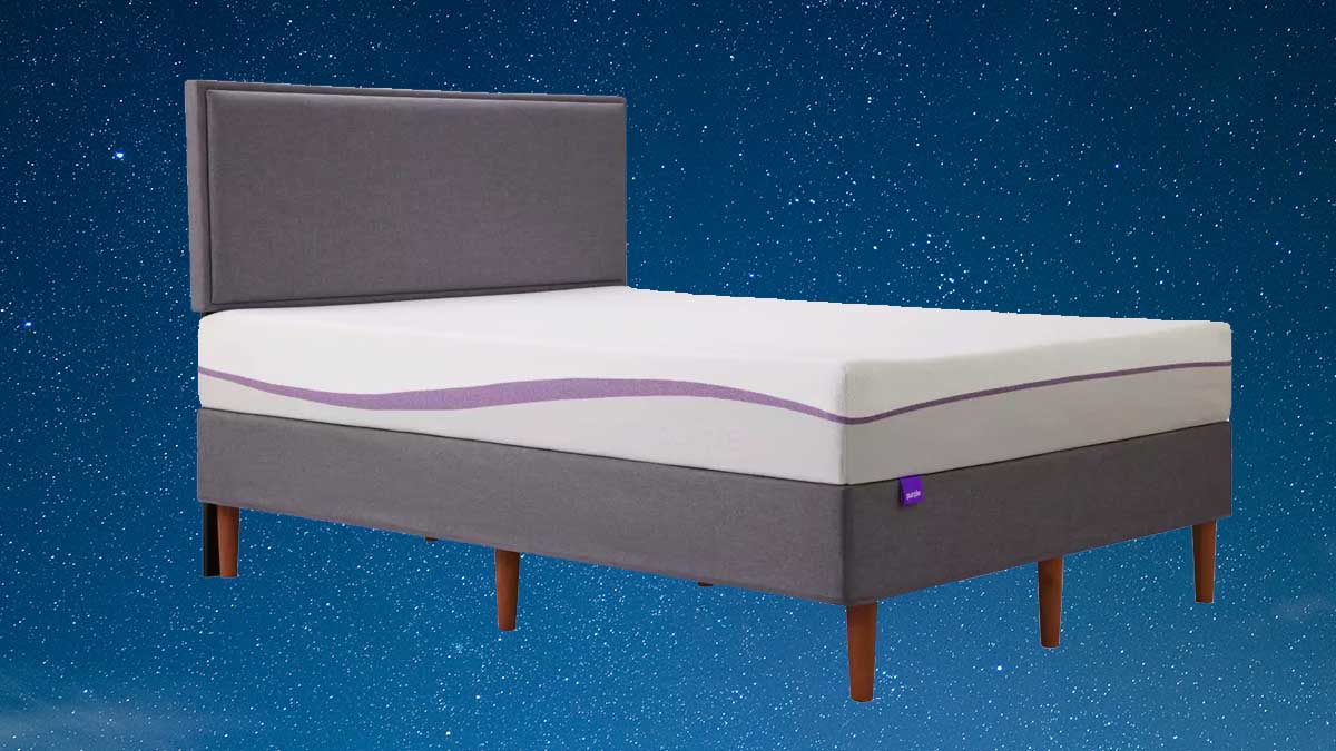 A Purple mattress on a starry blue sky background, now on sale for Labor Day