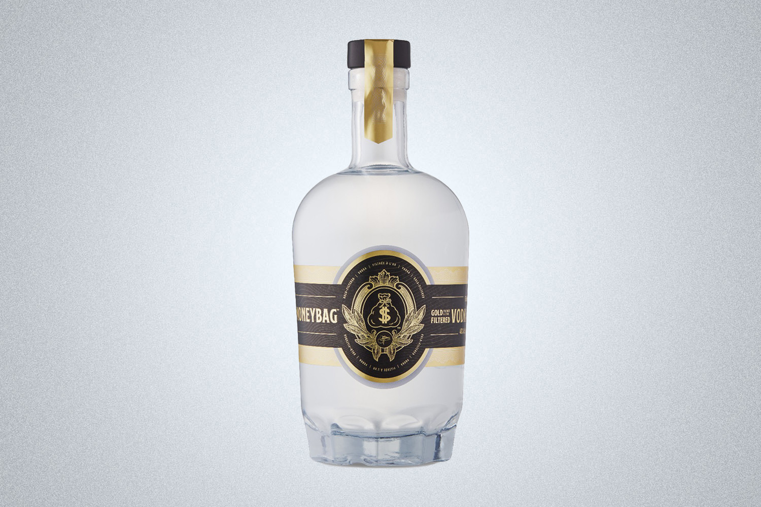 a clear bottle of MoneyBag vodka on a gray background