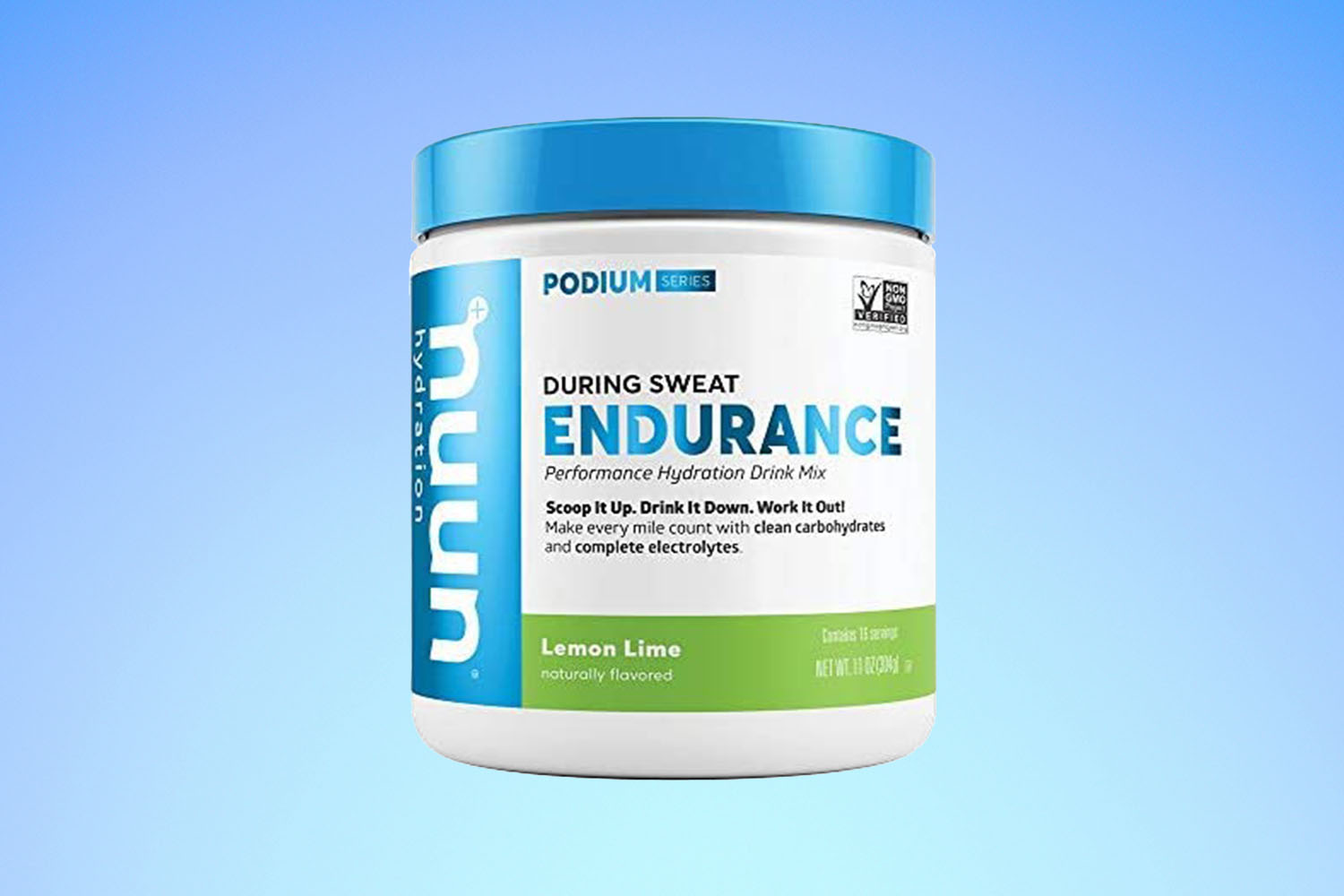 a jar of Nuun endurance powder on a blue gradient background