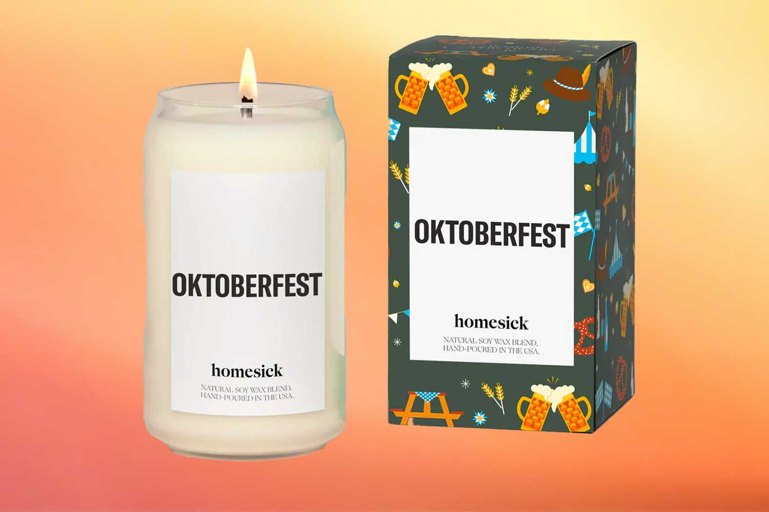 Homesick Oktoberfest Candle, one of the best fall candles for 2022 on an orange background