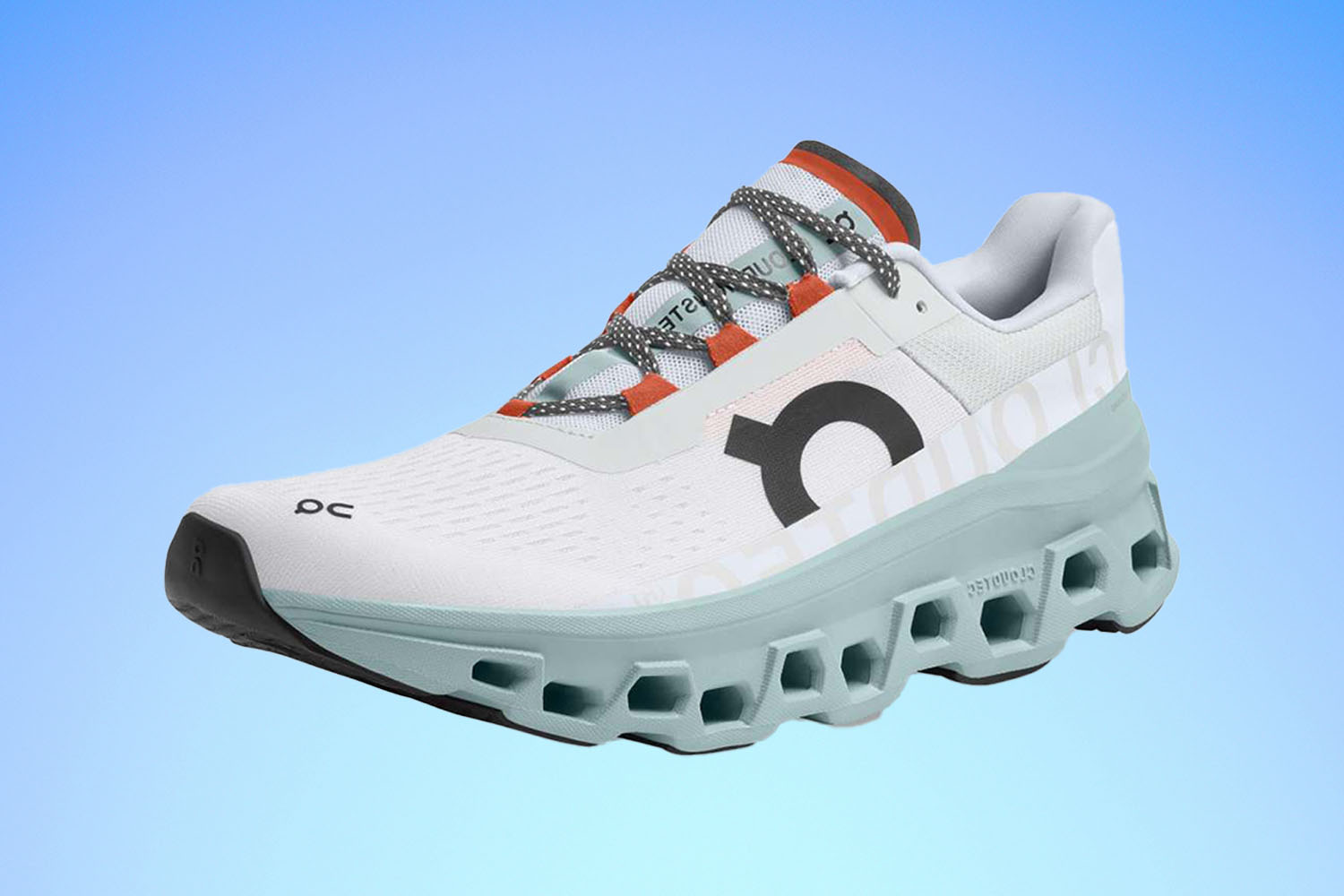 a white and grey On Cloudmonster running shoe on a blue gradient background