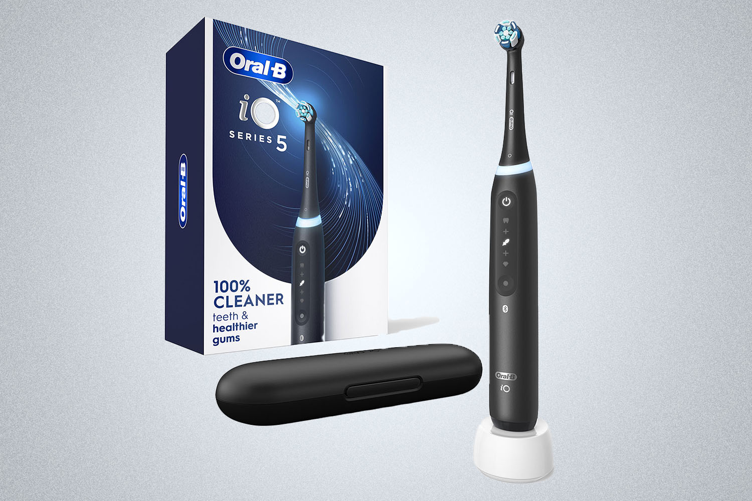 an Oral-B toothbrush system on a grey background