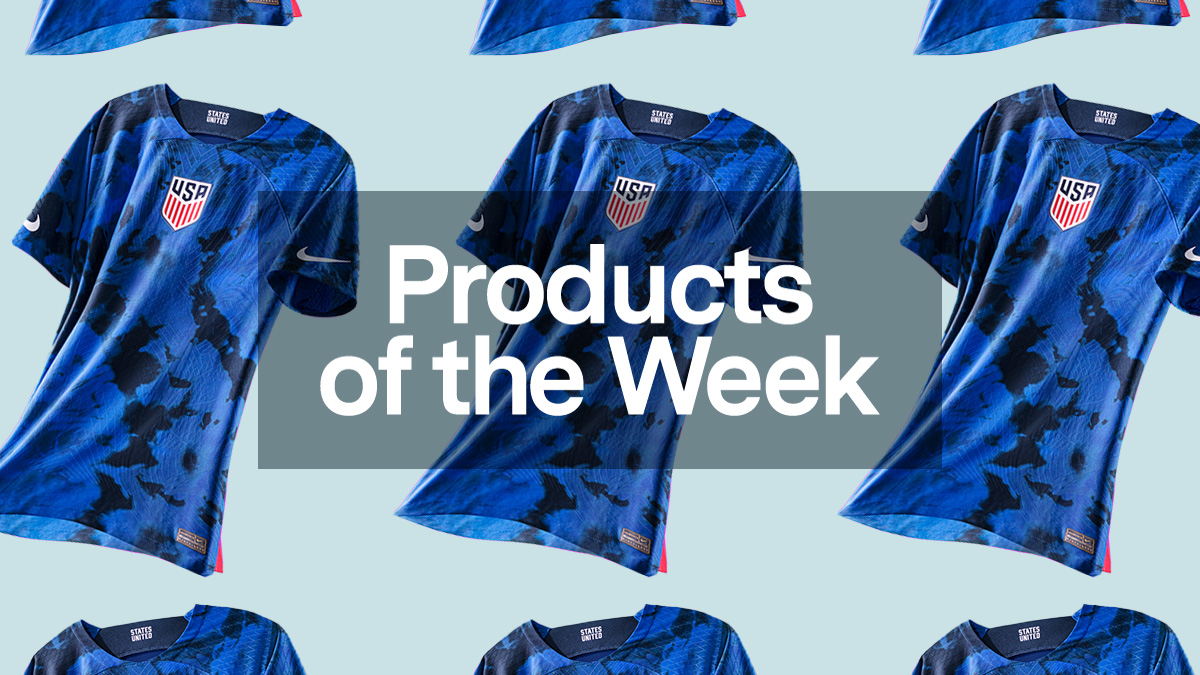 a collage of Nike USMNT Soccer Jersey on a light blue background with the Products of the Week logo overlayed