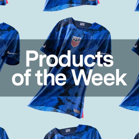 a collage of Nike USMNT Soccer Jersey on a light blue background with the Products of the Week logo overlayed