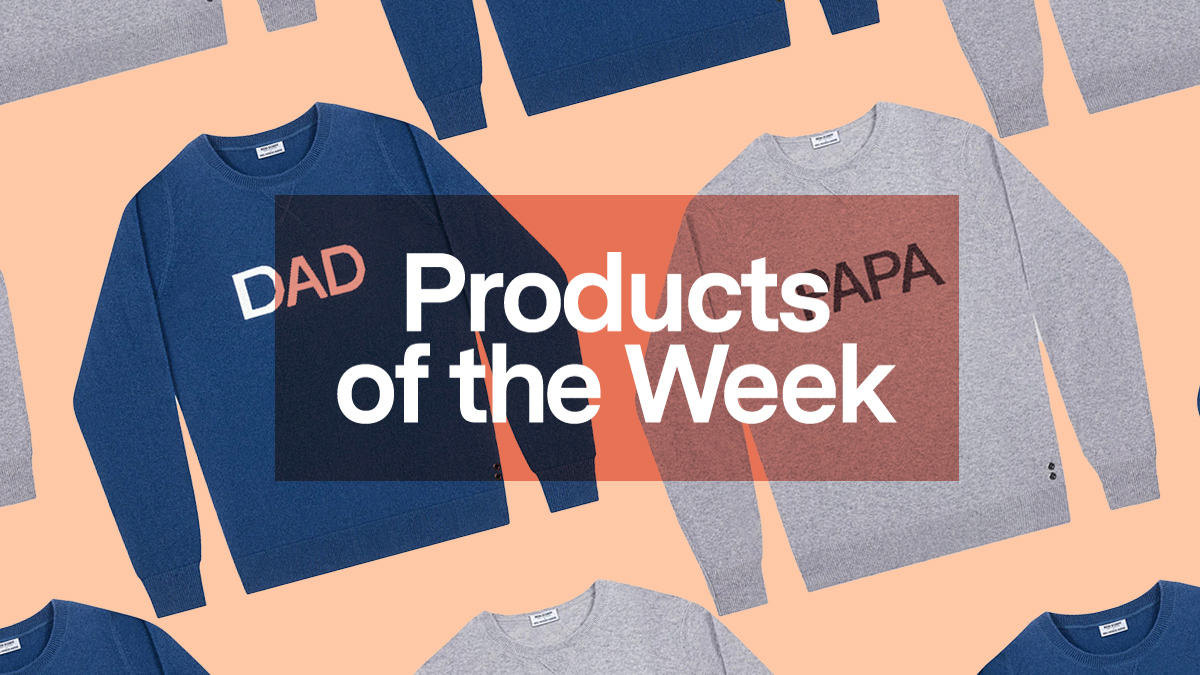 a collage of Ron Dorff x NPH sweatshirts on a peach background with the product of the week logo overlayed