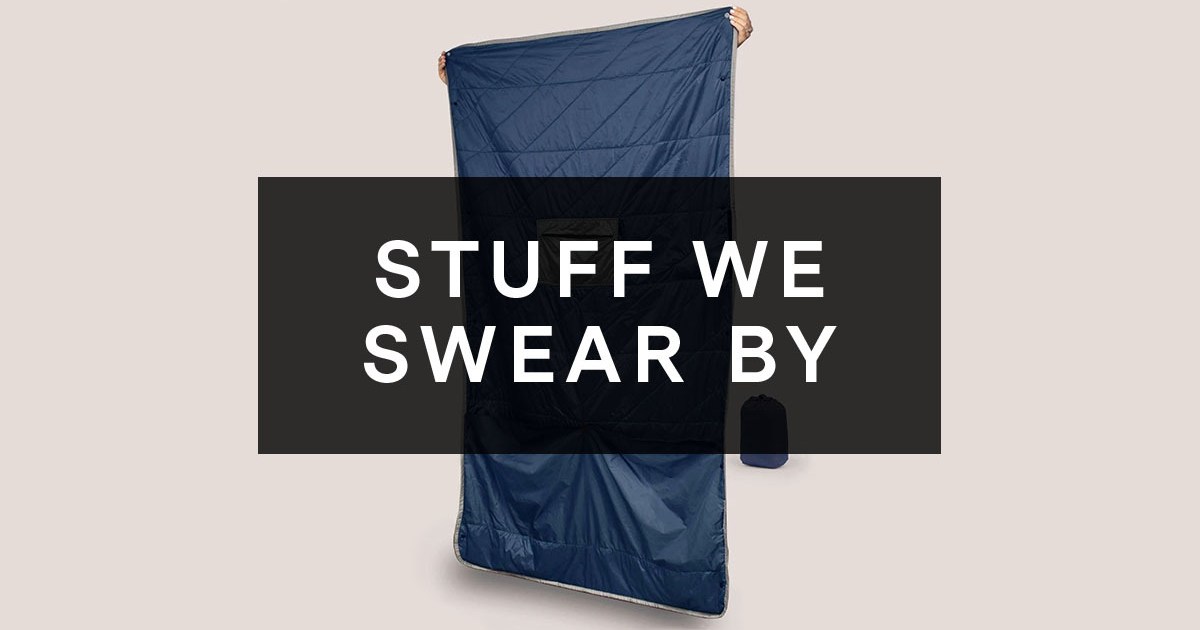 Gravel's Layover Travel Blanket with "Stuff We Swear By" superimposed on top.