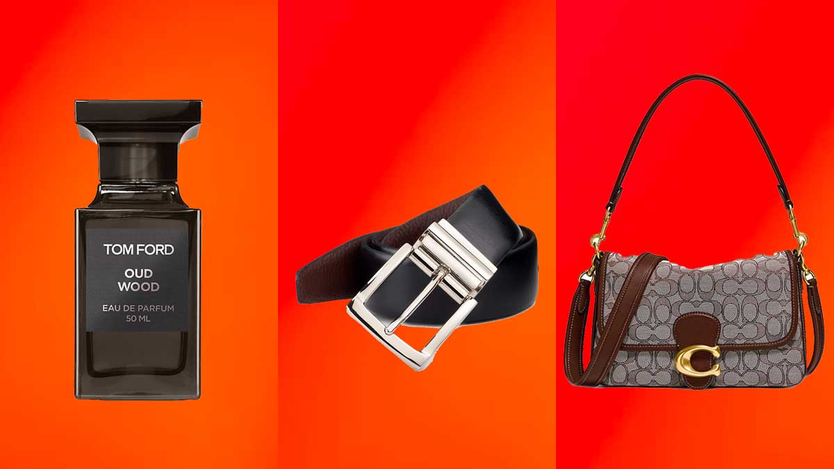 Tom Ford cologne, a black belt and a Coach shoulder bag, some of the designer gifts on sale at Saks Fifth Avenue.
