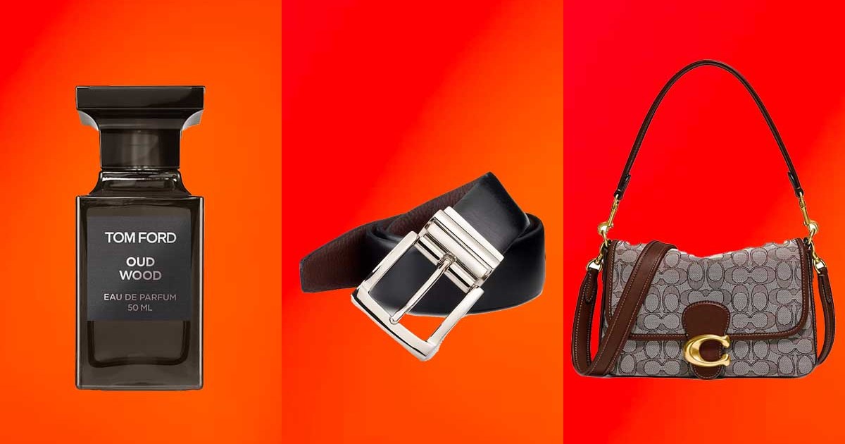 Tom Ford cologne, a black belt and a Coach shoulder bag, some of the designer gifts on sale at Saks Fifth Avenue.