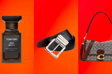 Tom Ford cologne, a black belt and a Coach shoulder bag, some of the designer gifts on sale at Saks Fifth Avenue.