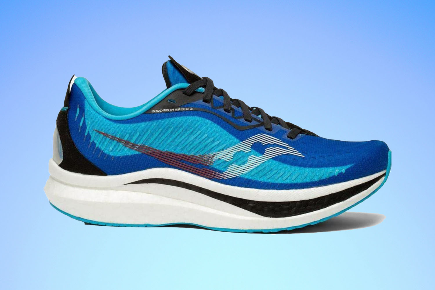 a blue Saucony Endorphin Speed 2 sneaker on a blue gradient background