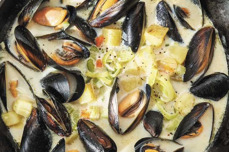 Mark Bittman's mussel chowder can also be made with clams.