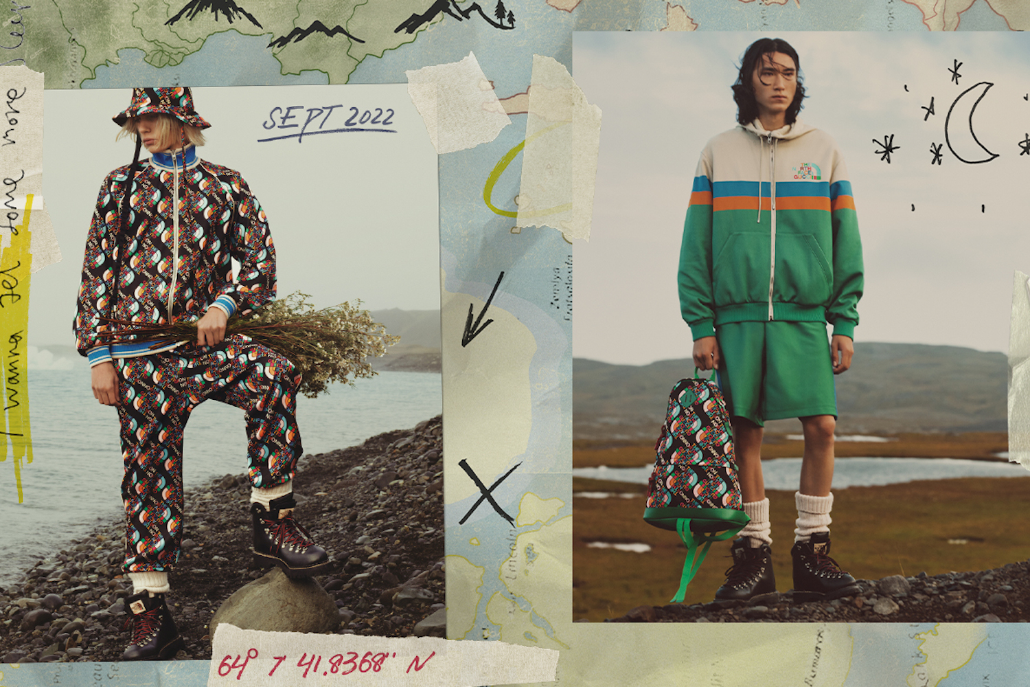 a photo collage of the Gucci x The North Face collection