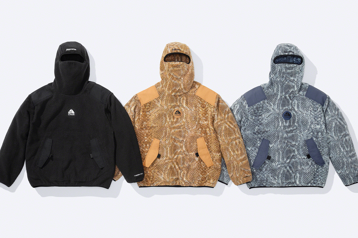 a collage of Supreme x Nike ACG hoodies against a light gray background 