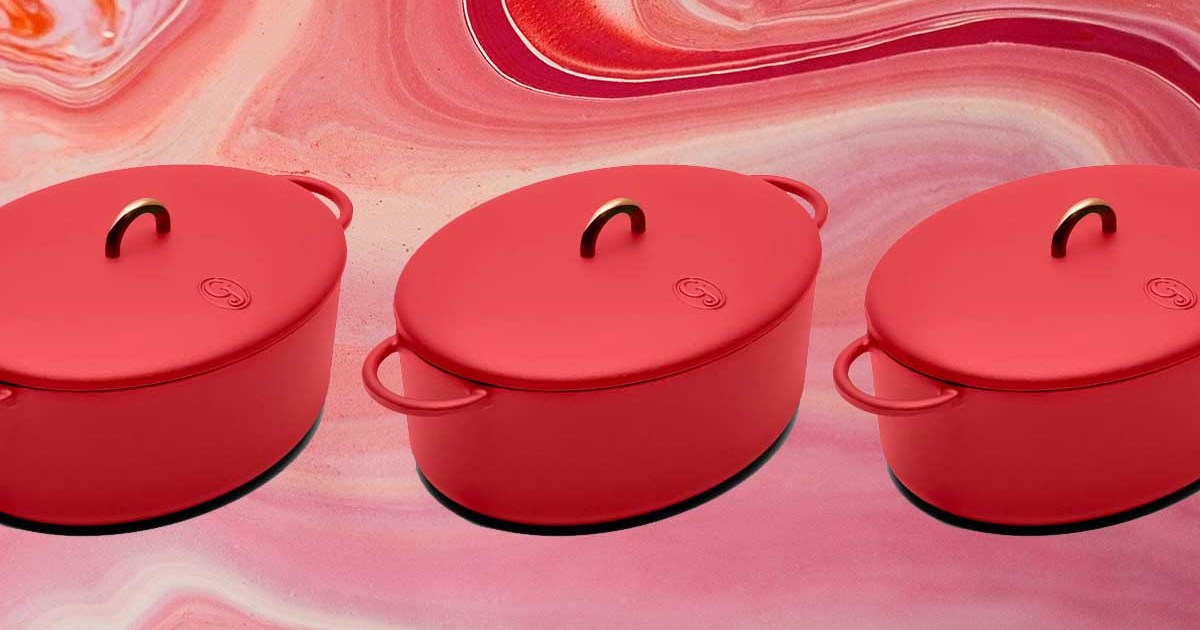 The Dutchess 6.75-Quart Enamel Cast Iron Dutch Oven with Lid on a red background