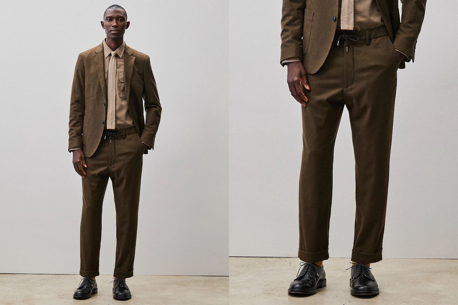 a model in a Todd Snyder suit in olive