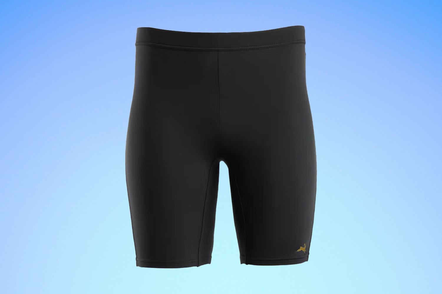 A pair of black running tights from Tracksmith on a blue gradient background