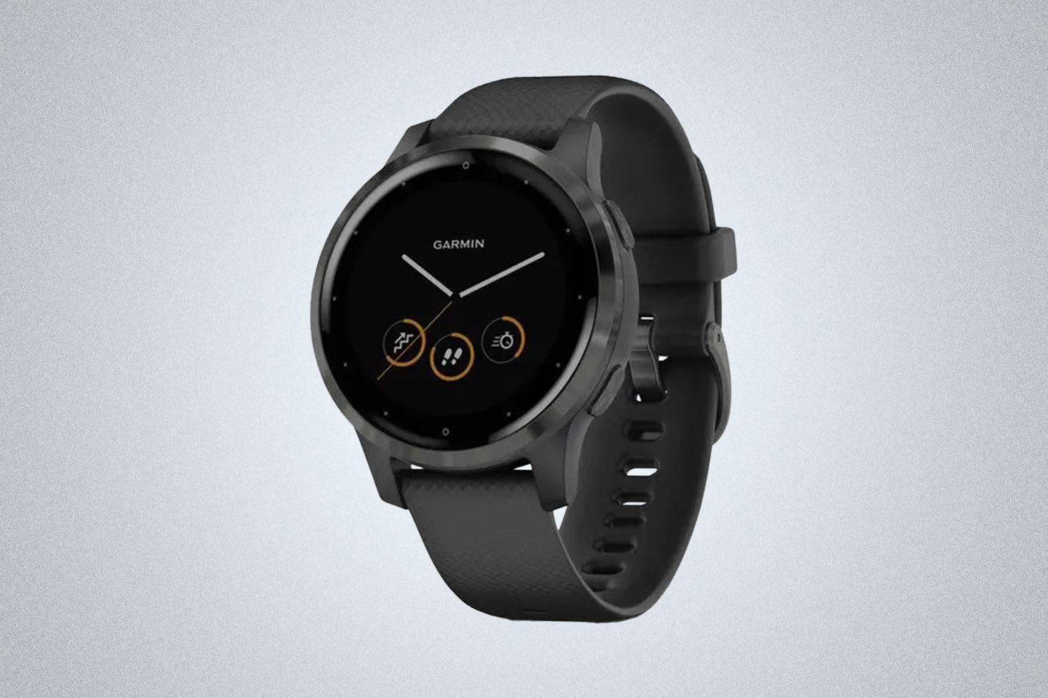 a Garmin smartwatch device on a grey background