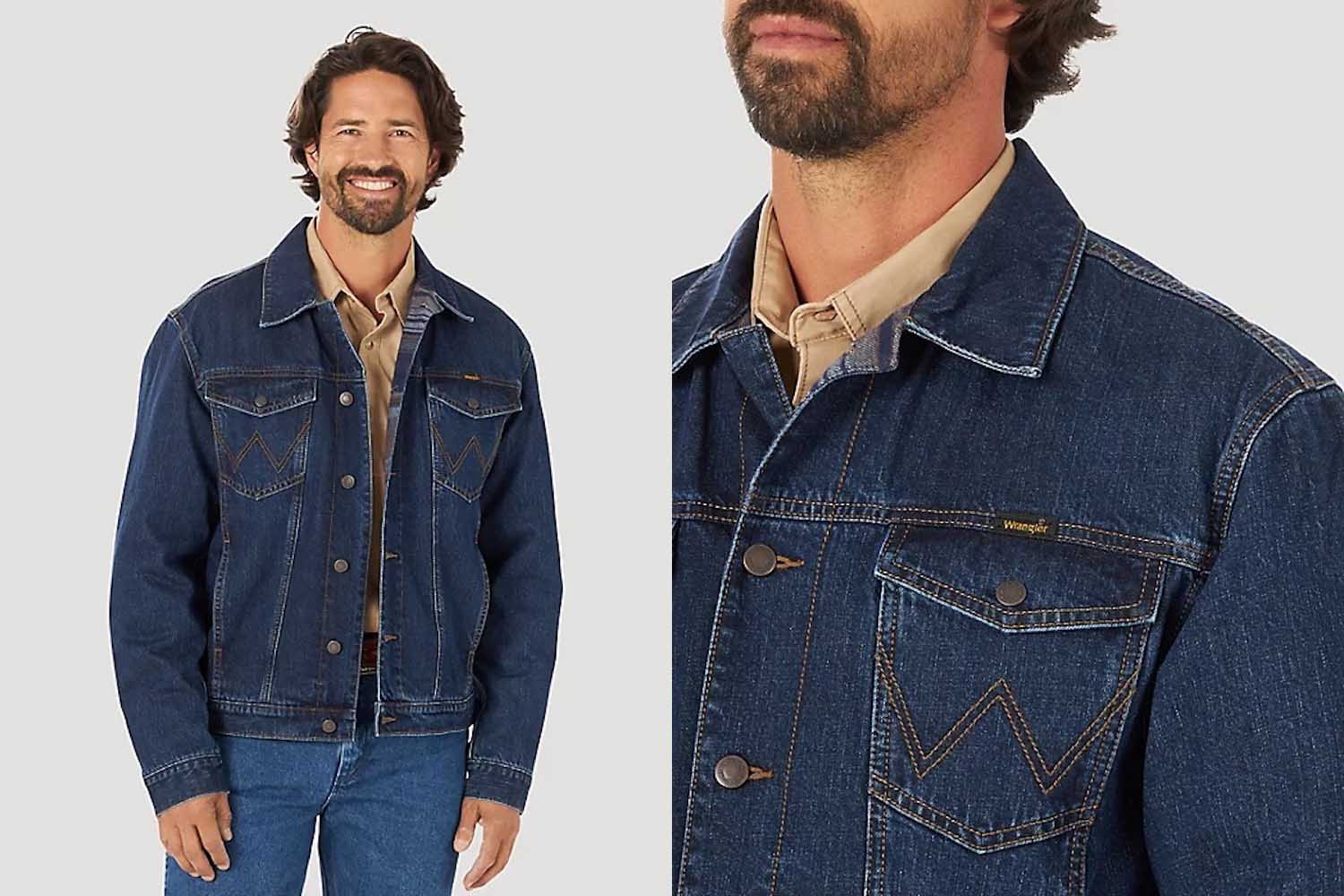 a model in a blue denim jacket from wrangler on a grey background