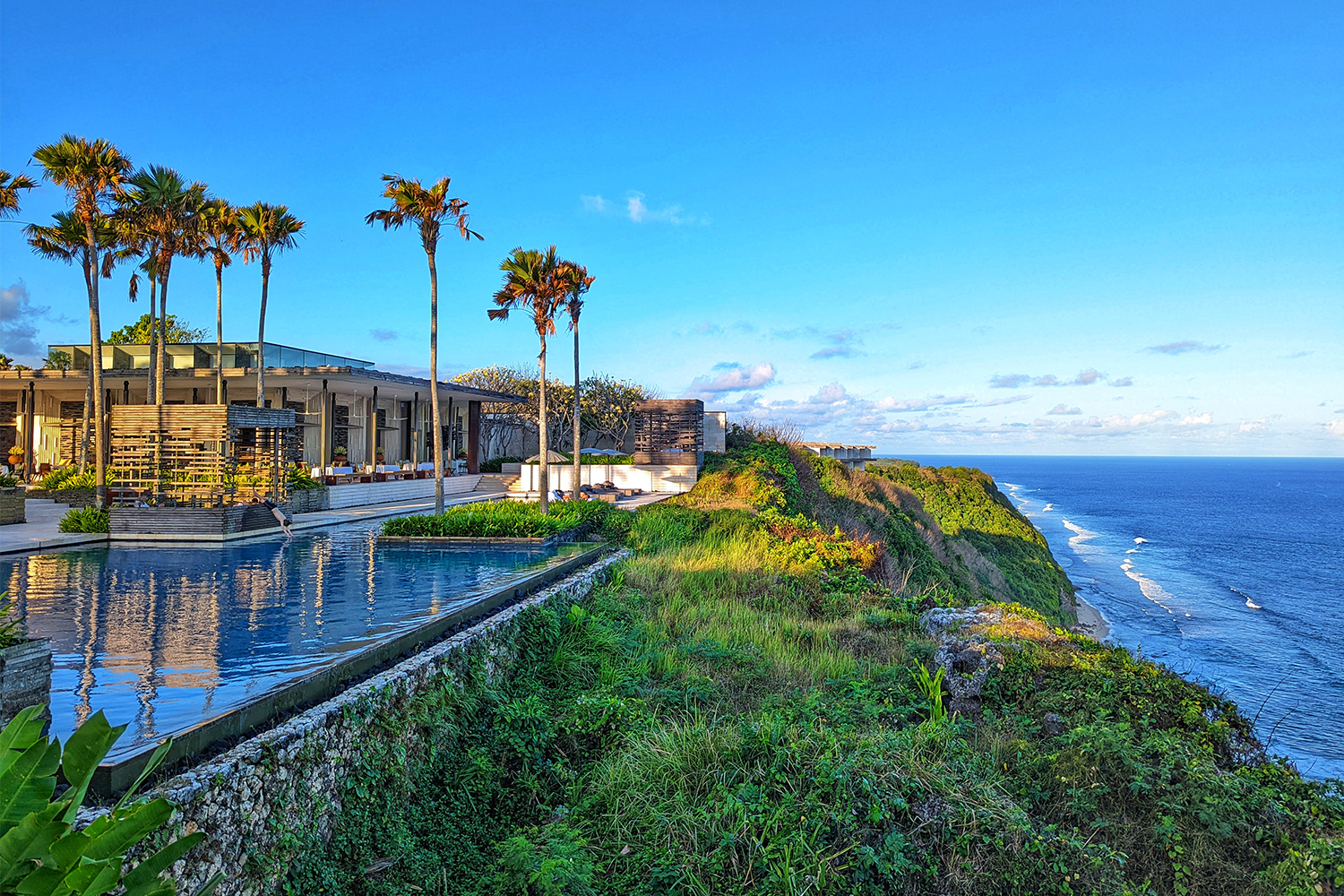 A view of the oceanside cliff at Alila Villas Uluwatu in Bali, Indonesia