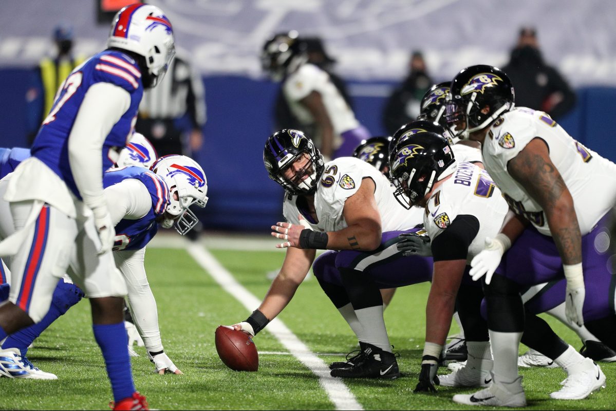 The Baltimore Ravens line up against the Buffalo Bills in Orchard Park.