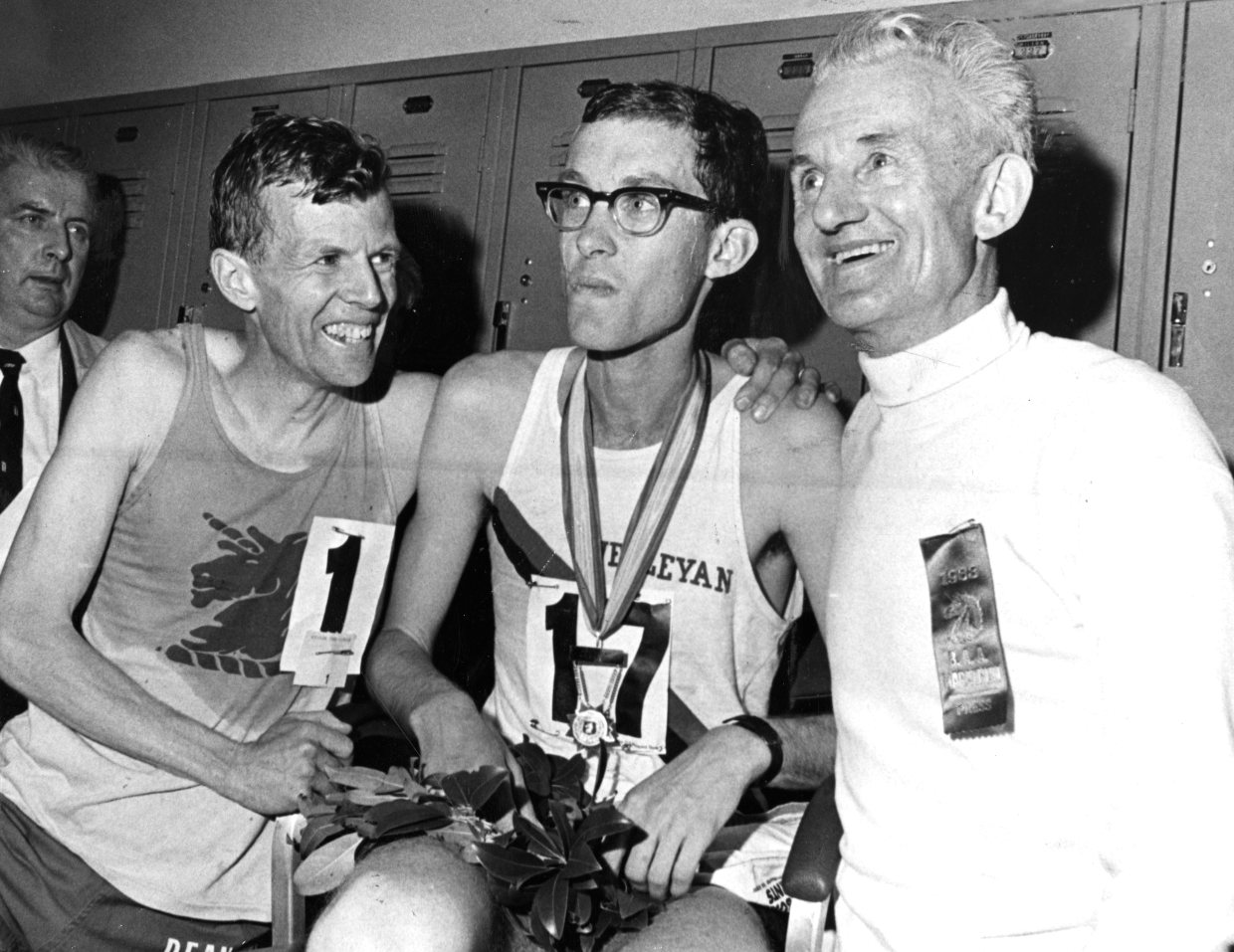 Amby Burfoot, who coined the term Yasso 800s, and two other runners after the 1968 Boston Marathon